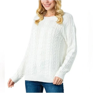 LANDS’ END | Drifter Cable Knit Sweater Milk White Size L, Long Sleeves (NWOT)